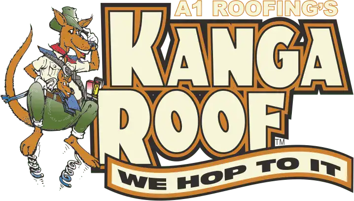 A cartoon kangaroo in work clothes stands next to the text A1 Roofing Kanga Roof We Hop To It in bold lettering.