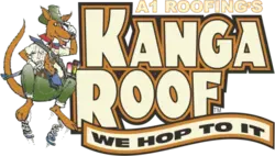 A cartoon kangaroo in work clothes stands next to the text A1 Roofing Kanga Roof We Hop To It in bold lettering.